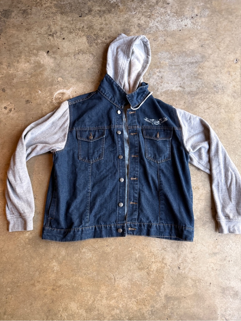 H Men's Denim Bomber Jacket Hooded Graphic Blue Gray Button Size L 42-44